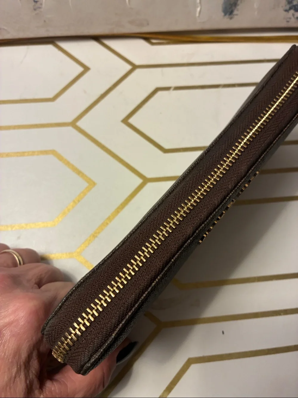 NWOT Michael Kors Dark Brown Logo Zip-Around Wristlet Wallet with Gold Hardware